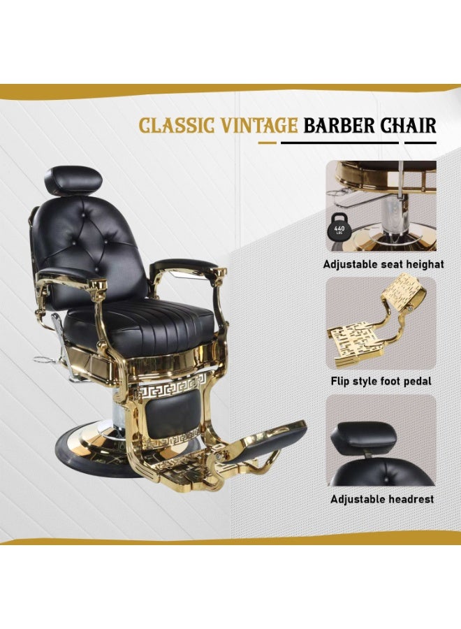 Vintage Luxury Multifunction Barber Chair Black & Gold – Heavy Duty Hydraulic Reclining Salon Chair with Adjustable Headrest, 135° Recline, Rotating Base & Footrest – Professional Barber Shop Styling Chair for Salon Spa Tattoo Studio - Image 5
